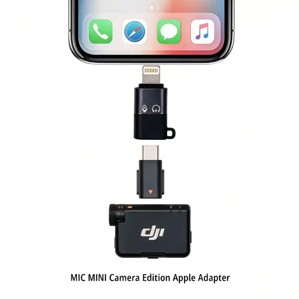 Plug iOS adapter into iPhone for DJI Mic Mini wireless mic recording, digital audio monitoring and fast data transmission