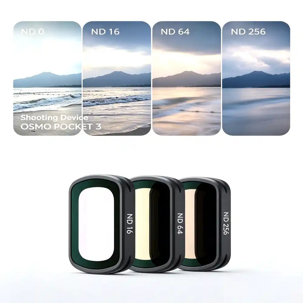 Detailed close-up of three neutral density lenses ND16, ND64, ND256