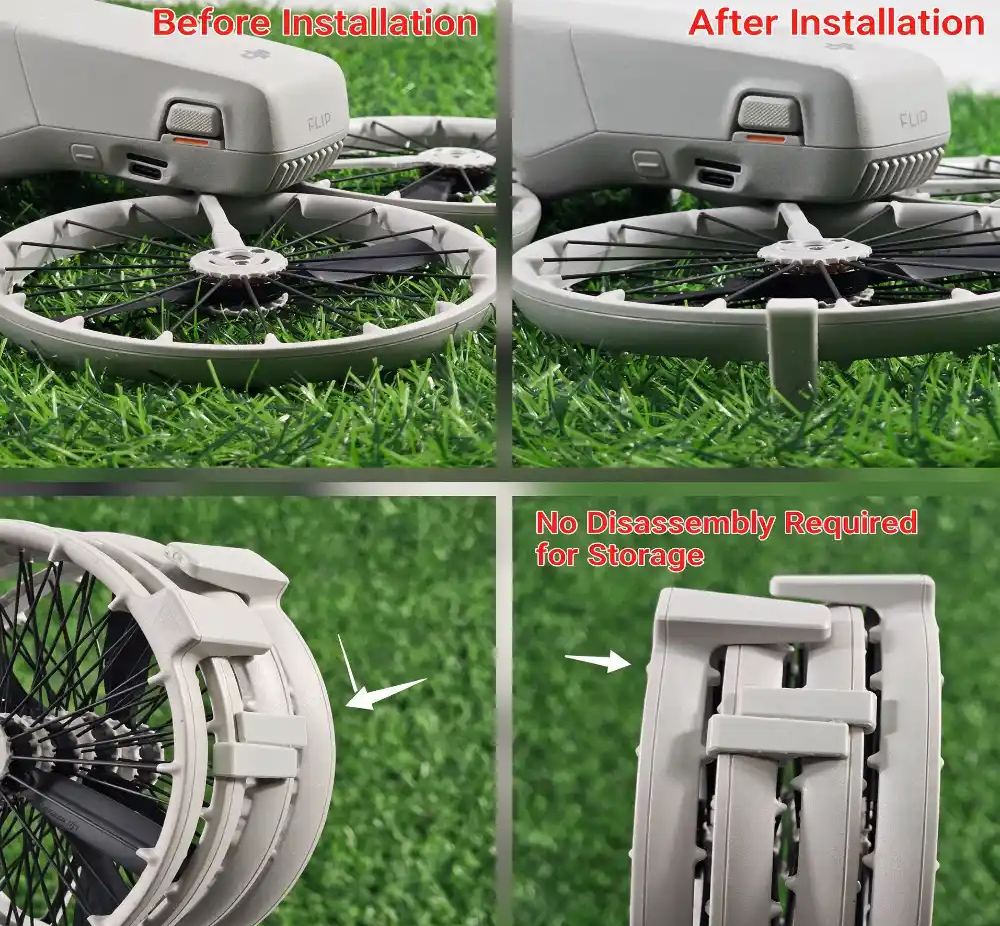 Close-up hollow structure of 1.2g DJI Flip 12mm landing gear, reserved space for obstacle avoidance sensors and cooling holes, no impact on flight performance