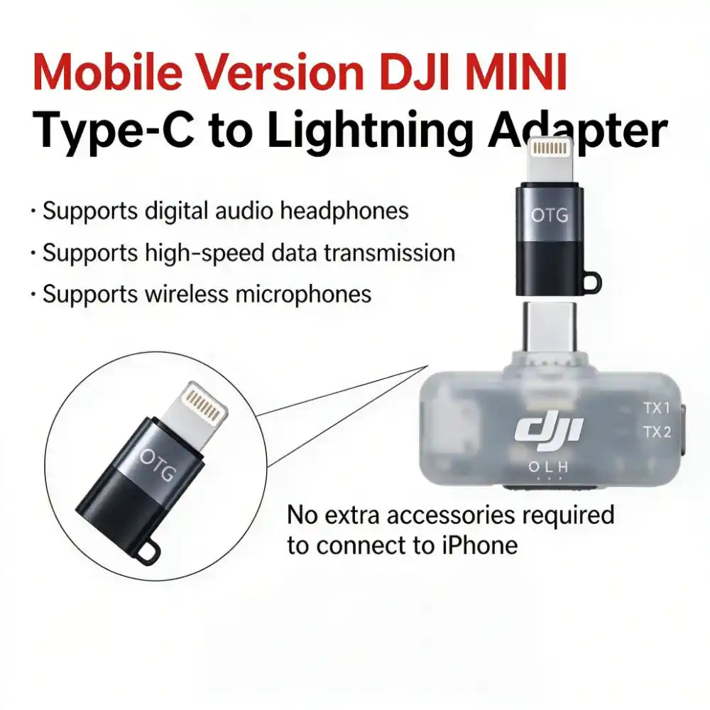 ightning OTG connector compatible with DJI Mic Mini Gen1 Gen2 mobile and camera receiver, support digital headphone high speed data wireless microphone plug and play