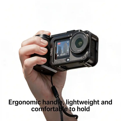 Hand holding DJI Osmo Action 6 with street photography handle grip