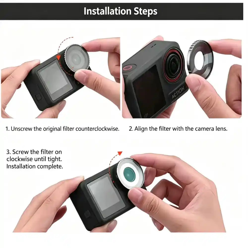 Thread‑on lens cover mounted on DJI Action4 action camera
