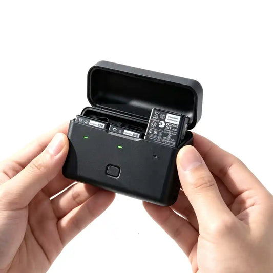 Osmo Action 6 battery charging case stores 3 batteries and microSD cards